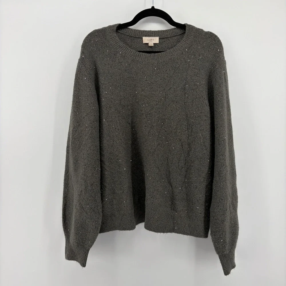 LOFT‎ Outlet Womens Gray Sparkle Sequin Crew Neck Sweater Pullover XXL